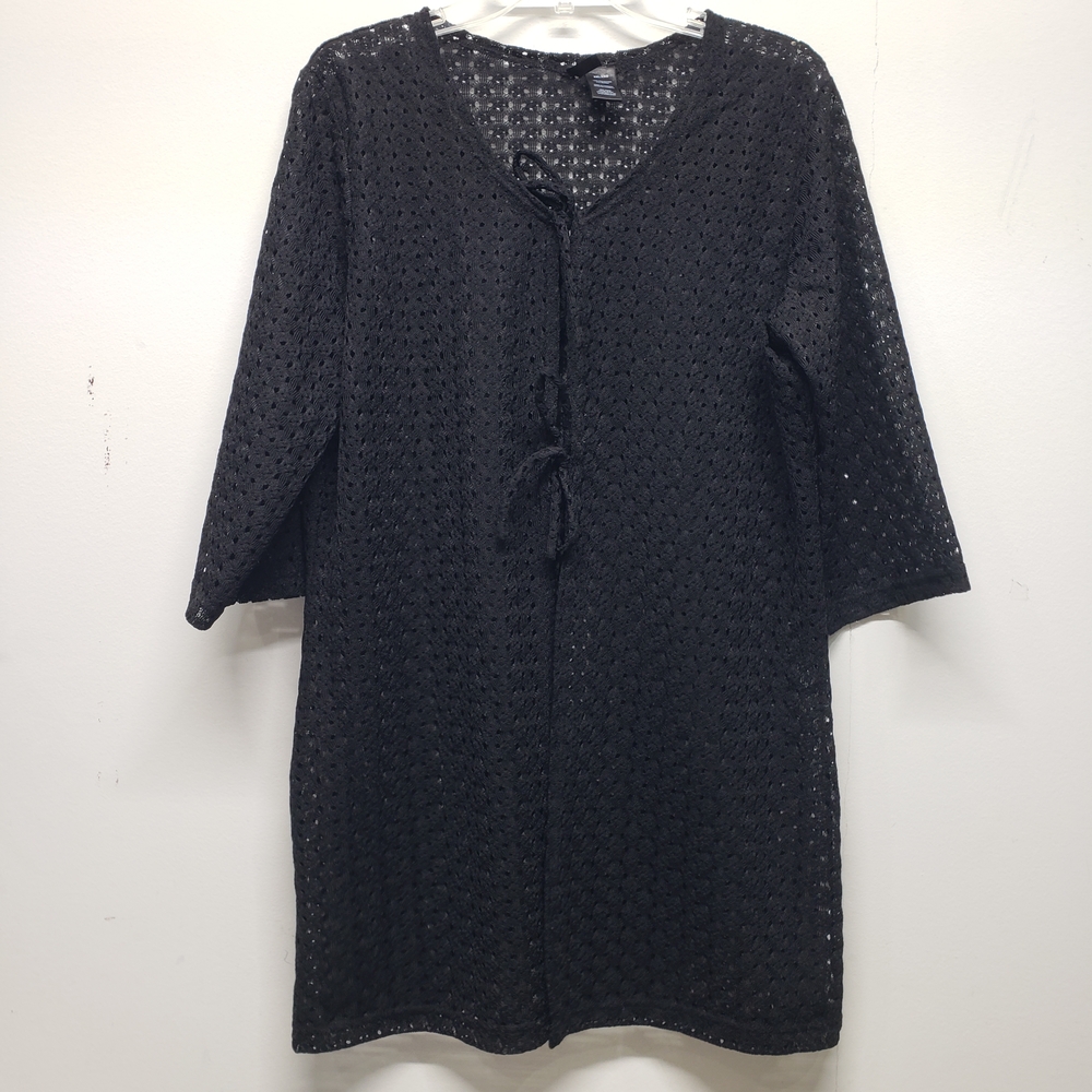 Anne Cole Lace Open Knit Beach Cover Up Black XXL Tie Front Detail Cardigan